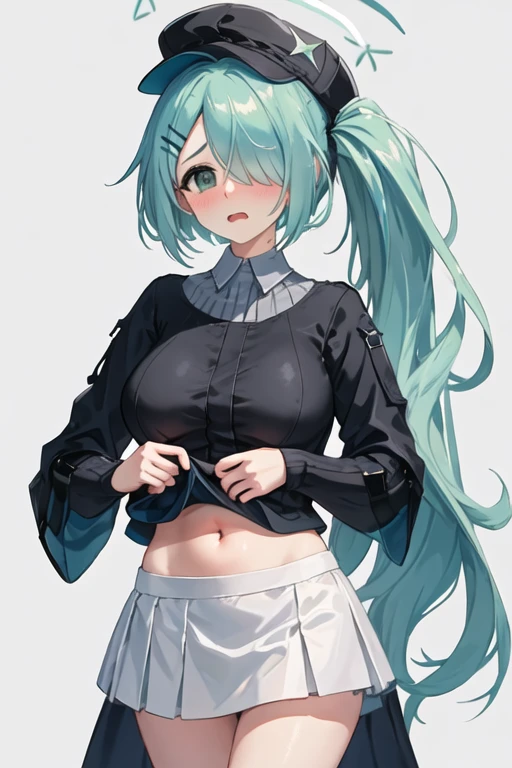 best quality, masterpiece, highres, solo, {hiyori_bluearchive:1.15}, hair_ornament, hairclip, long_hair, hair_over_one_eye, halo, side_ponytail, bangs, blush, hat, breasts, cabbie_hat, open_mouth, upper_body, large_breasts, green_eyes, 1girl, clothes_lift, lifted_by_self, long_sleeves, looking_at_viewer, navel, shirt_lift, stomach, black_headwear, midriff, simple_background, skirt, white_background, white_skirt, black_shirt, closed_mouth, very_long_hair