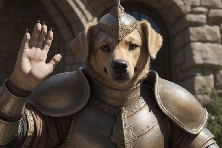 real e621, photorealistic, masterpiece, golden retriever, smiling down at viewer, wearing gold and white medieval armor and helmet, full body portrait, leg armor, dutch angle, standing, close up on face, sharp eyes, waving at viewer,