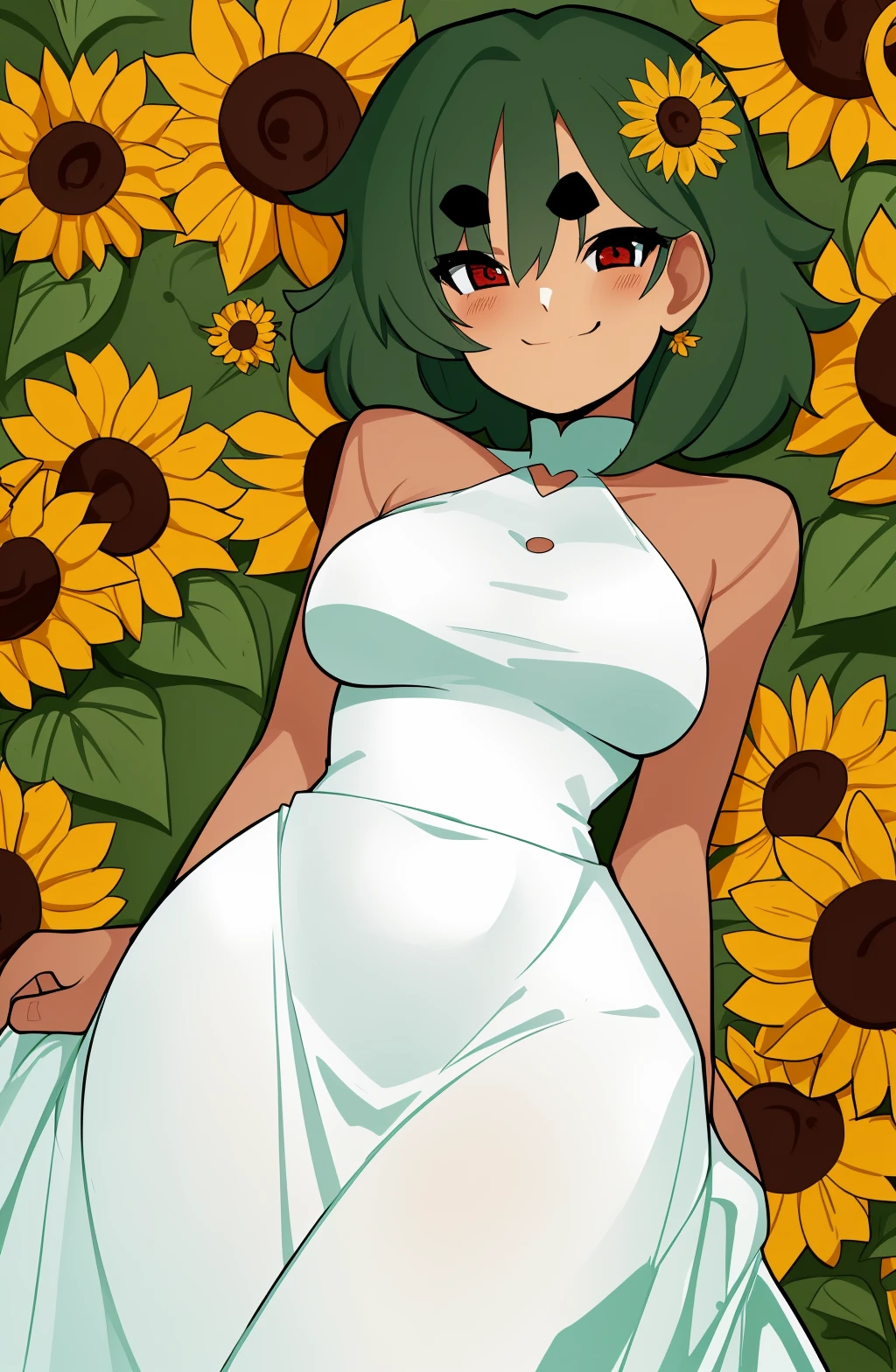 1girl, solo, round eyebrows, blush, smile, looking at viewer, red eyes, ((((very dark skin, dark-skinned female)))), green hair, medium hair, flat head, huge sagging breasts, bridal dress, background: outdoors, field of sunflowers, butterflies, <lora:ryuwan | ryuwanshoy - Style LoRA - V2:1>