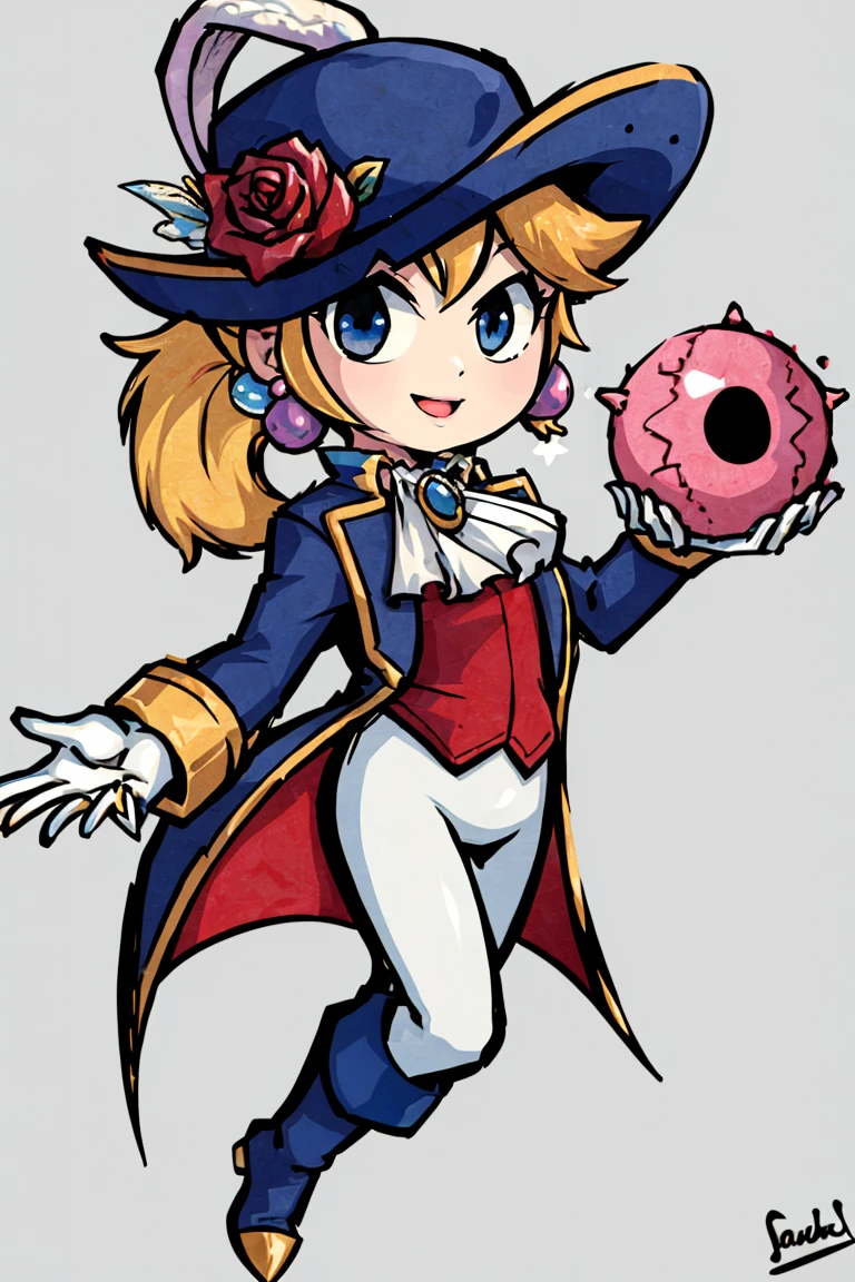 <lora:Style_of_the_Winds:0.8>, , ((masterpiece,best quality)), absurdres, <lora:Princess_Peach_Nintendo:0.8>, Swordfighter_Peach, solo, 1girl, hat, blonde hair, blue eyes, jewelry, earrings, long hair, rapier, hat feather, pants, ascot, red rose, hat flower, ponytail, white pants, white gloves, boots, blue jacket, long sleeves, smiling, looking at viewer, cowboy shot,