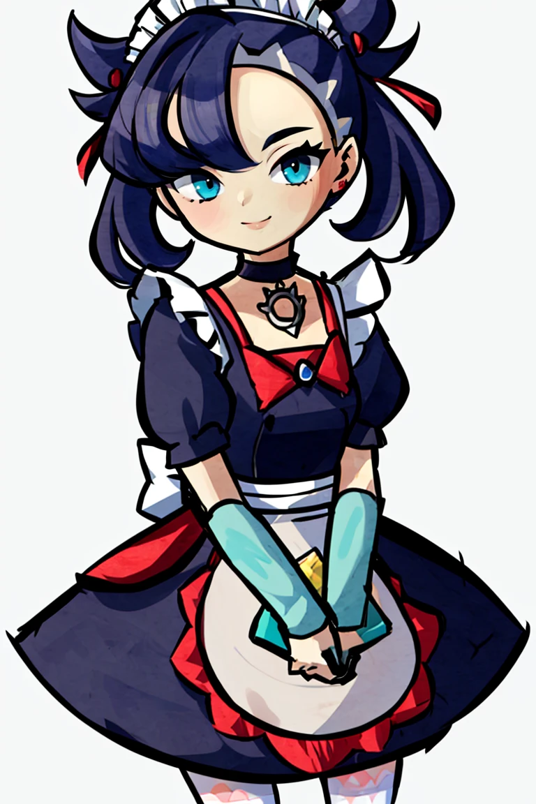 <lora:Style_of_the_Winds:0.8>, , ((masterpiece,best quality)), absurdres, <lora:Marnie_Pokemon_Dim32:0.8>, Marnie_Pokemon, aqua eyes, black choker, red ribbon, jewelry, maid outfit, maid headdress, black dress,apron, zettai ryouiki, solo, smiling, looking at viewer, cowboy shot, ,