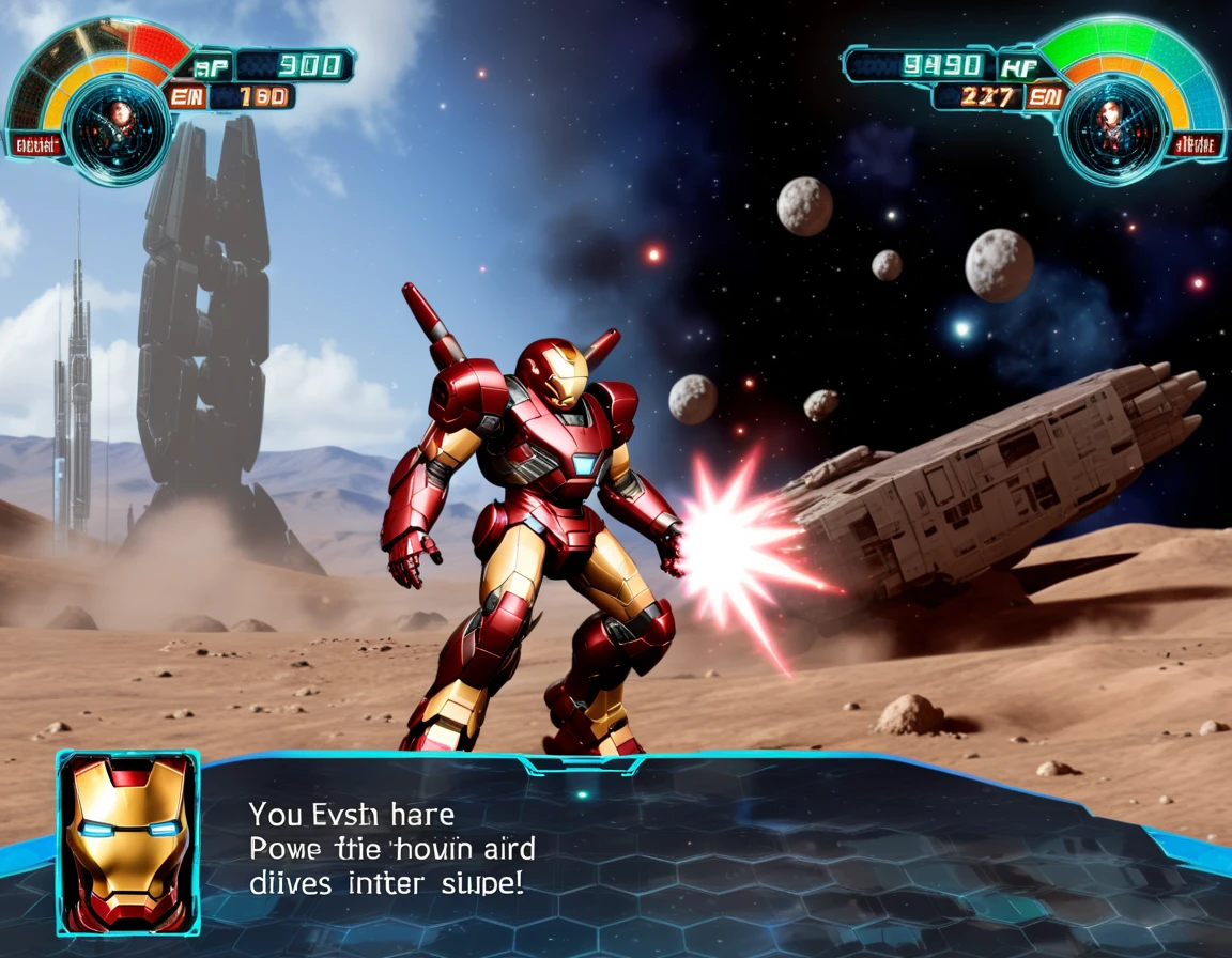 "0599",high quality,A strategic space combat scene in a mecha game interface, showcasing the iconic Iron Man in place of the traditional mecha. Tony Stark's confident and intelligent visage replaces the pilot's portrait, The Iron Man suit, detailed and glowing in the game's HUD, is poised for action, with high HP and energy levels emphasizing its power the tranquil expansion of space contrasts with the imminent high-tech warfare, <lora:rw4:0.67>
