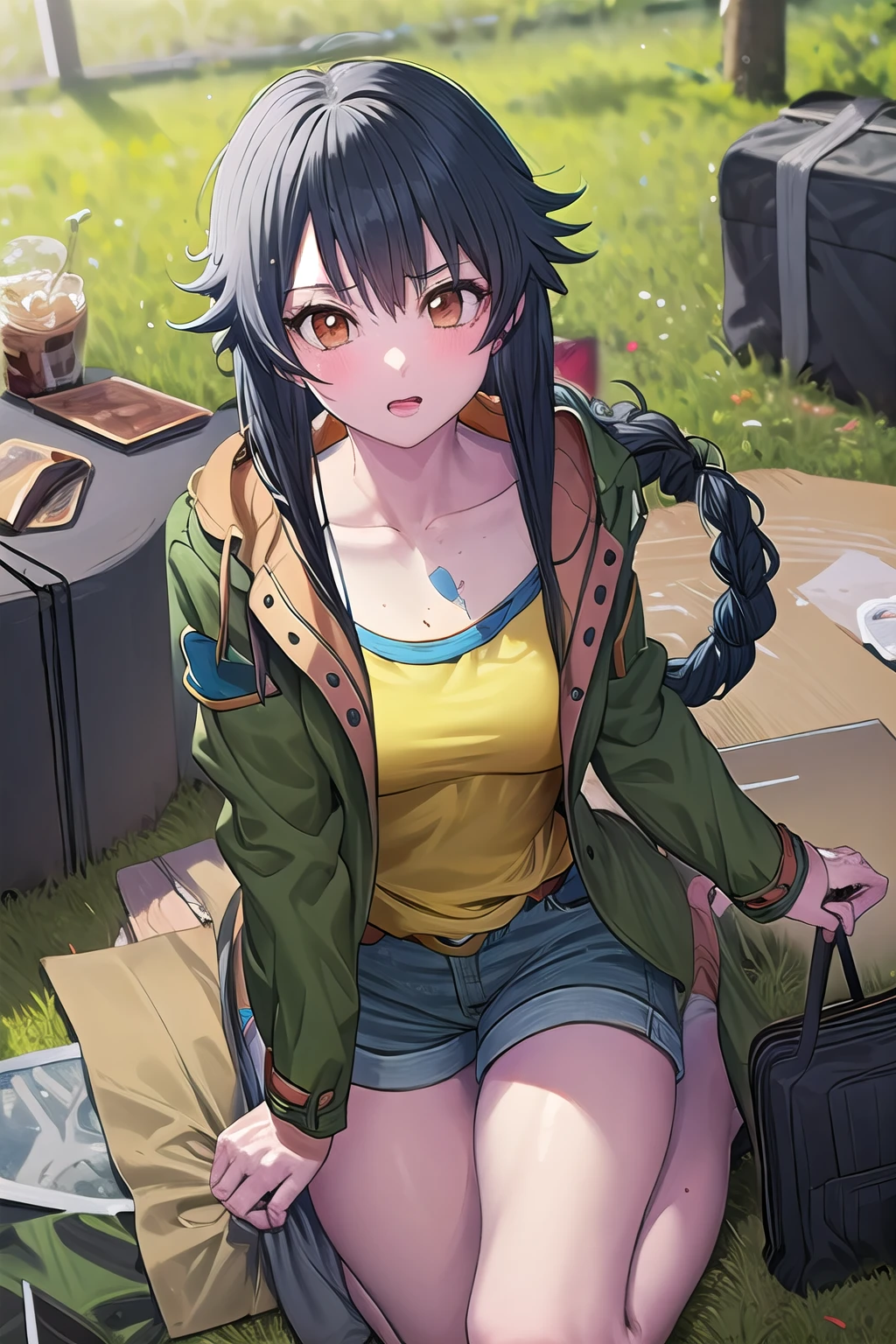 masterpiece, best quality, ultra-high-detailed, 1girl, Chiemi Serizawa, black hair, blunt bangs, braided hair, brown eyes, yellow shirt, green coat, blue patch, denim shorts,