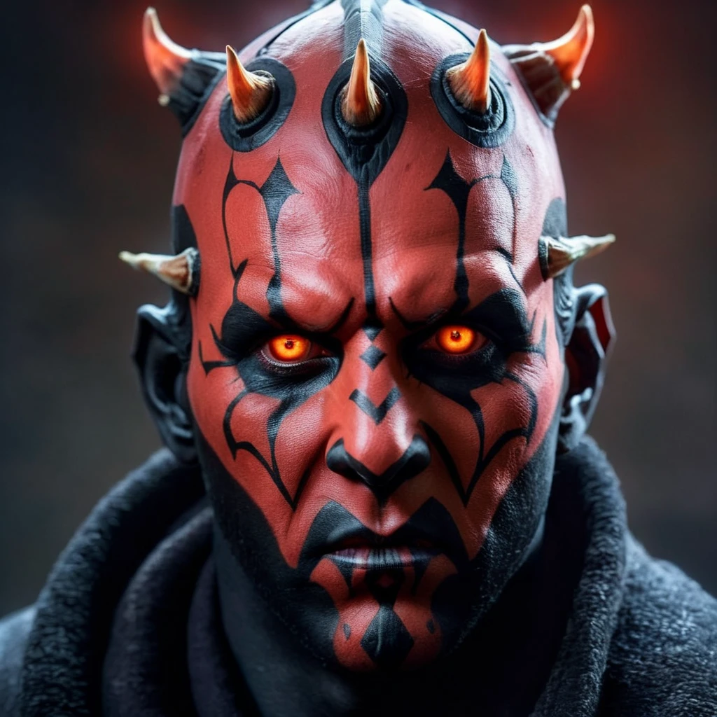 Hyperrealistic art of <lora:Darth Maul:1>
Darth Maul man with horns on his head and a red face in star wars universe, Extremely high-resolution details, photographic, realism pushed to extreme, fine texture, incredibly lifelike