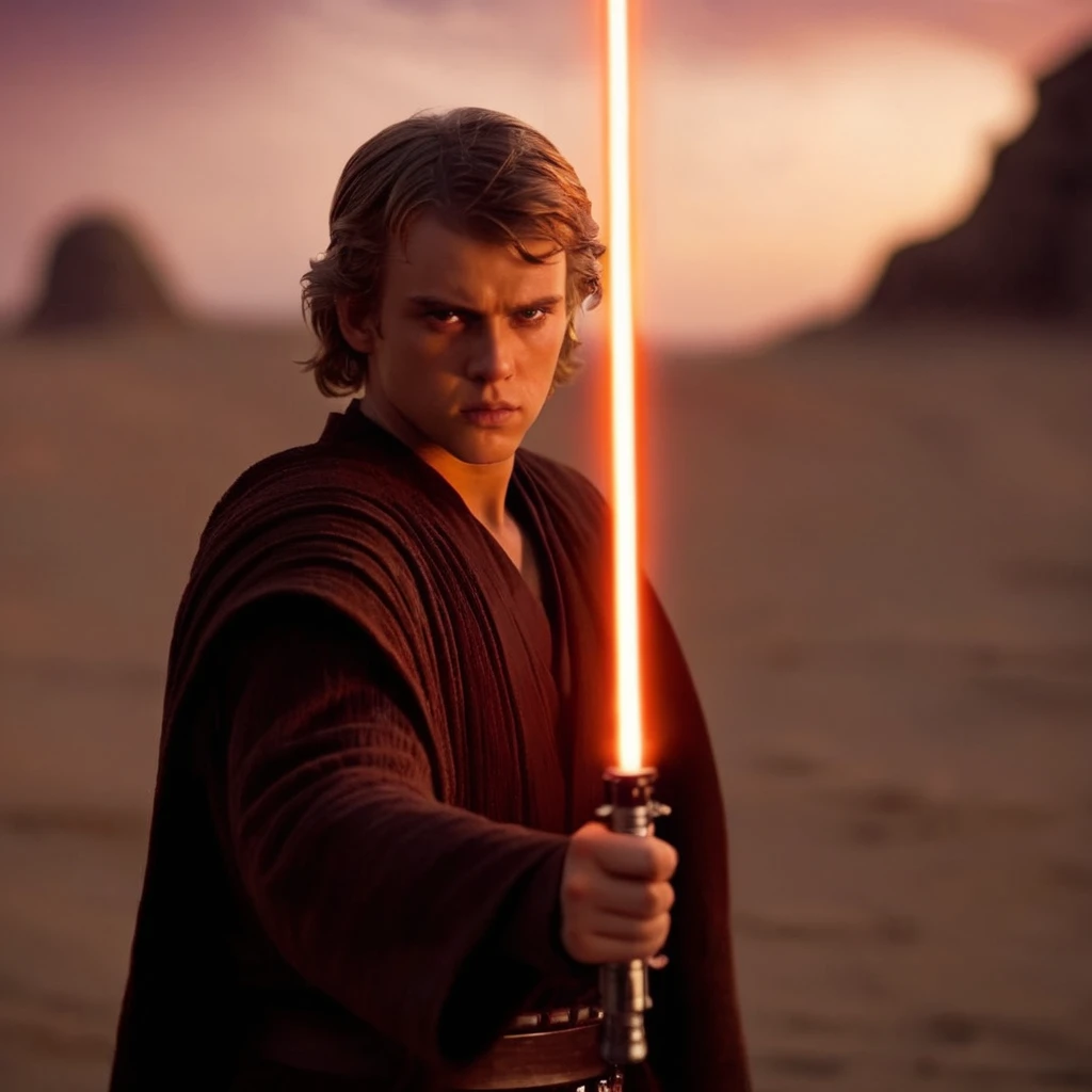 cinematic film still of <lora:Anakin Skywalker:1.2>
Anakin Skywalker a young man holding a light saber in his hand with fire in the background in star wars universe, shallow depth of field, vignette, highly detailed, high budget, bokeh, cinemascope, moody, epic, gorgeous, film grain, grainy