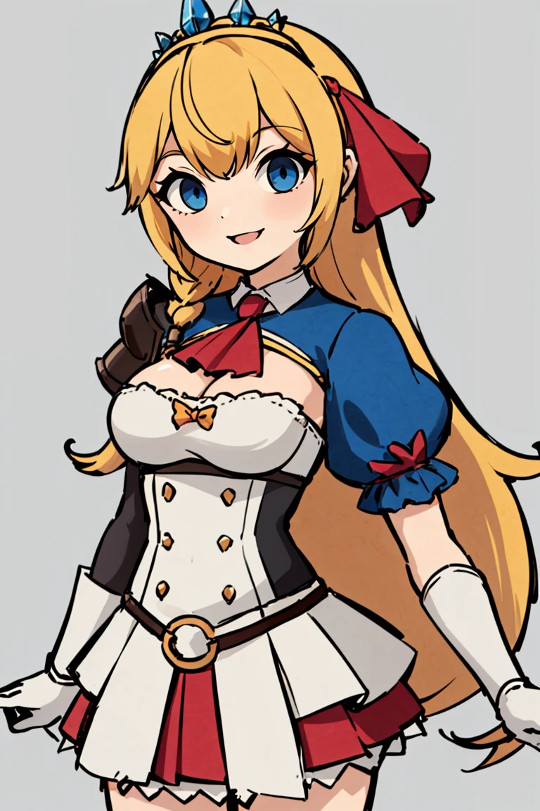 <lora:Style_of_the_Winds:0.8>, , ((masterpiece,best quality)), absurdres, <lora:pecorine_v1:0.7>, aapeco, very long hair, ahoge, braid, tiara, hair ribbon, red ascot, cleavage, shrug (clothing), shoulder armor, white dress, short sleeves, white gloves, pleated skirt, red skirt,  cowboy shot,  smile,
