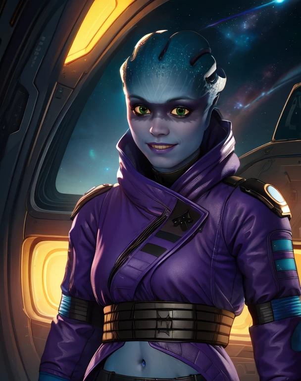 Peebee,blue skin,green eyes,
upper body,smiling,gloves,
purple jacket,midriff,belt,
standing,upper body,
space pod,neon lights,
(insanely detailed, beautiful detailed face, masterpiece, best quality),solo,<lora:Peebee-10MEA:0.8>,