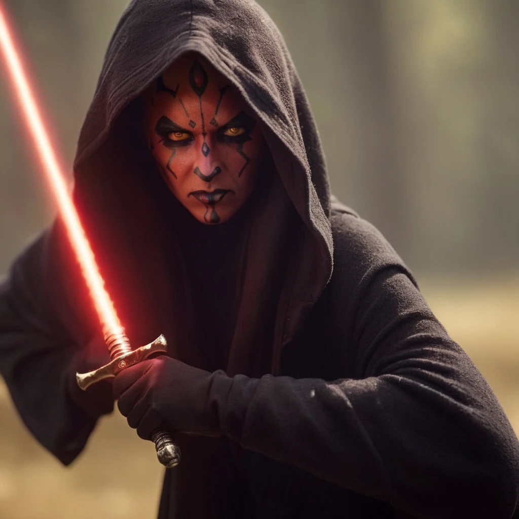 cinematic film still of  <lora:Darth Maul:1.2>
Darth Maul a woman with a sword and a hoodie black costume on in star wars universe, shallow depth of field, vignette, highly detailed, high budget, bokeh, cinemascope, moody, epic, gorgeous, film grain, grainy