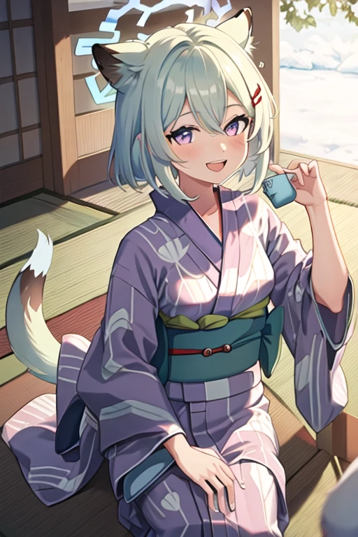 best quality, masterpiece, highres, solo, {yukata:1.40}, {kimono:1.20}, {shigure_bluearchive:1.15}, animal_ears, halo, bangs, blush, smile, light_green_hair, short_hair, hair_between_eyes, breasts, weasel_ears, open_mouth, hair_ornament, purple_eyes