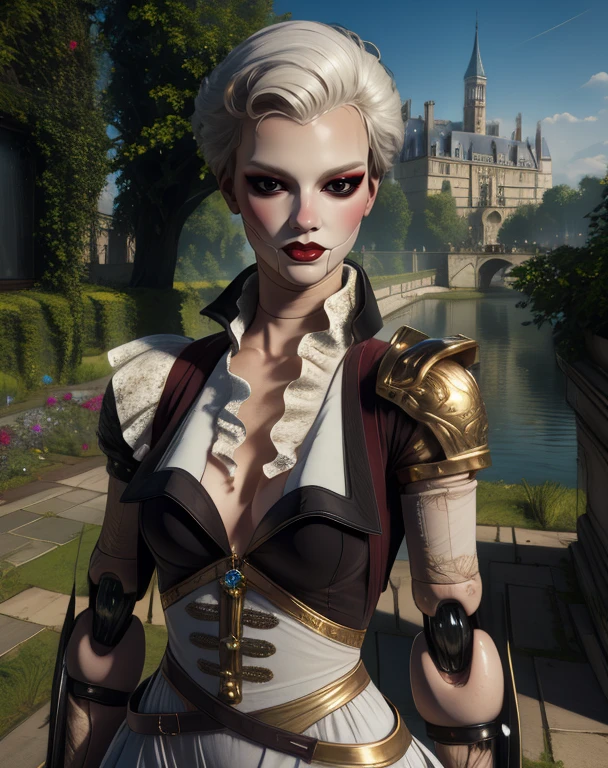 aegis,mechanical limbs,short white hair,makeup,black eyes,red dress,
sitting,cleavage,smile,
paris,garden,bench,
(insanely detailed, beautiful detailed face,beautiful detailed eyes, masterpiece, best quality),solo,<lora:aegis-10BS:0.8>,