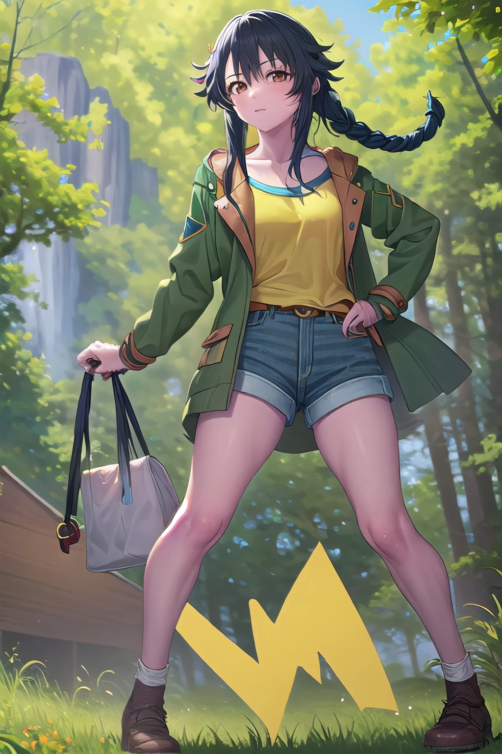 masterpiece, best quality, ultra-high-detailed, 1girl, Chiemi Serizawa, black hair, blunt bangs, braided hair, brown eyes, Chiemi Serizawa, black hair, blunt bangs, braided hair, brown eyes, yellow shirt, green coat, blue patch, denim shorts, boots