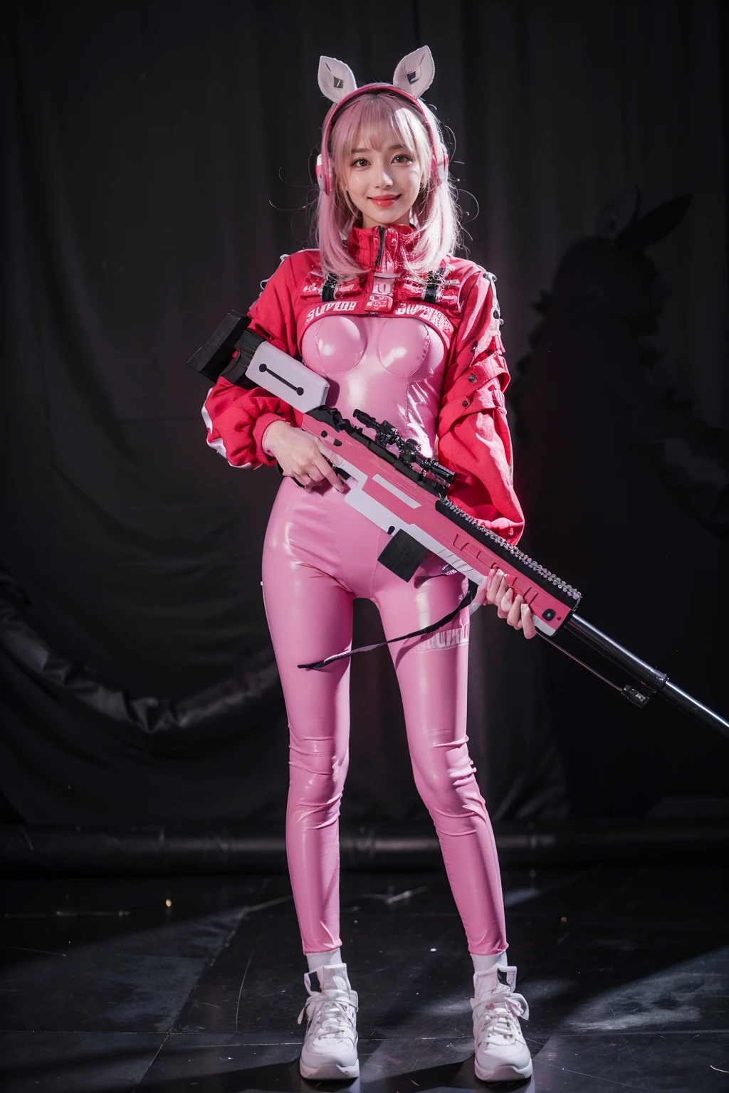 best quality, masterpiece, photorealistic, 1girl, solo, full body, standing, looking at viewer, smile, alice cosplay costume, cosplay, pink hair, cropped jacket, animal ear headphones, bodysuit, skin tight, socks, holding rifle, simple background, <lora:nikke_alice_cosplay_v1:0.65>