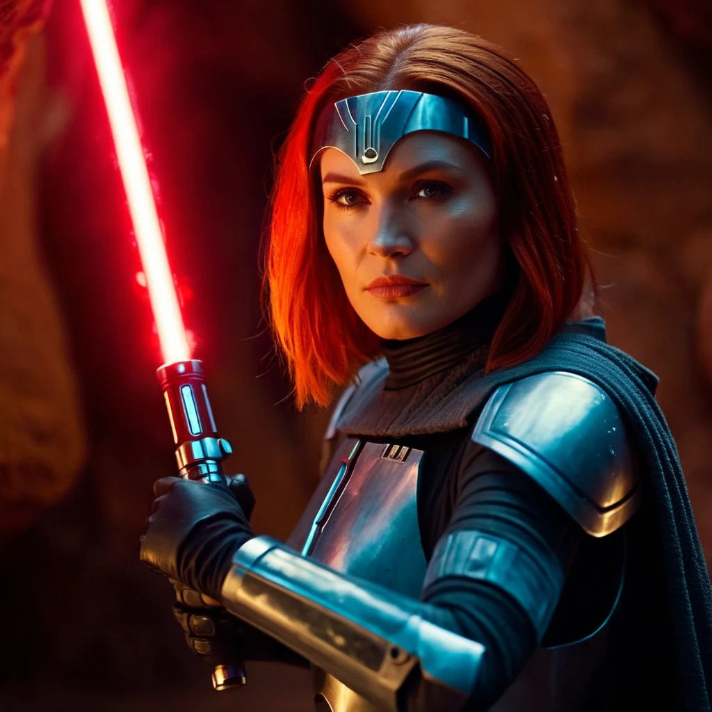 cinematic film still of <lora:Bo-Katan Kryze:1>
Bo-Katan Kryze a naked breasts red hair woman with a light saber in a cave in star wars universe, shallow depth of field, vignette, highly detailed, high budget, bokeh, cinemascope, moody, epic, gorgeous, film grain, grainy