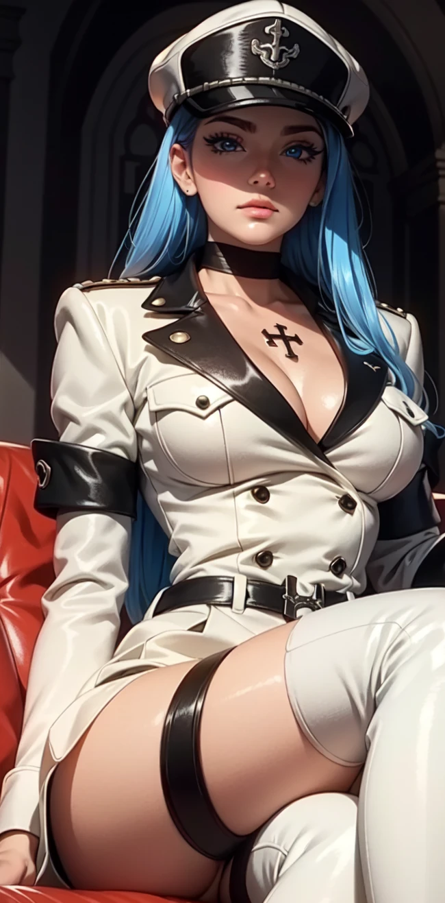 (ultra realistic,32k,RAW photo:1.1),(high detailed skin:1.1), 8k uhd, dslr, high quality, film grain, (makeup, mascara:1.1), (shiny glossy translucent clothing:1.1), <lora:OGT_Esdeath-v1:0.9> Esdeath, 1girl, breasts, thigh boots, long hair, blue hair, blue eyes, thighhighs, hat, solo, very long hair, cleavage, boots, white footwear, large breasts, military uniform, military, uniform, choker, ice, peaked cap, looking at viewer, realistic, alluring, backlighting, sitting, indoors, couch, mature woman, (soft shaded neon light:1.2)