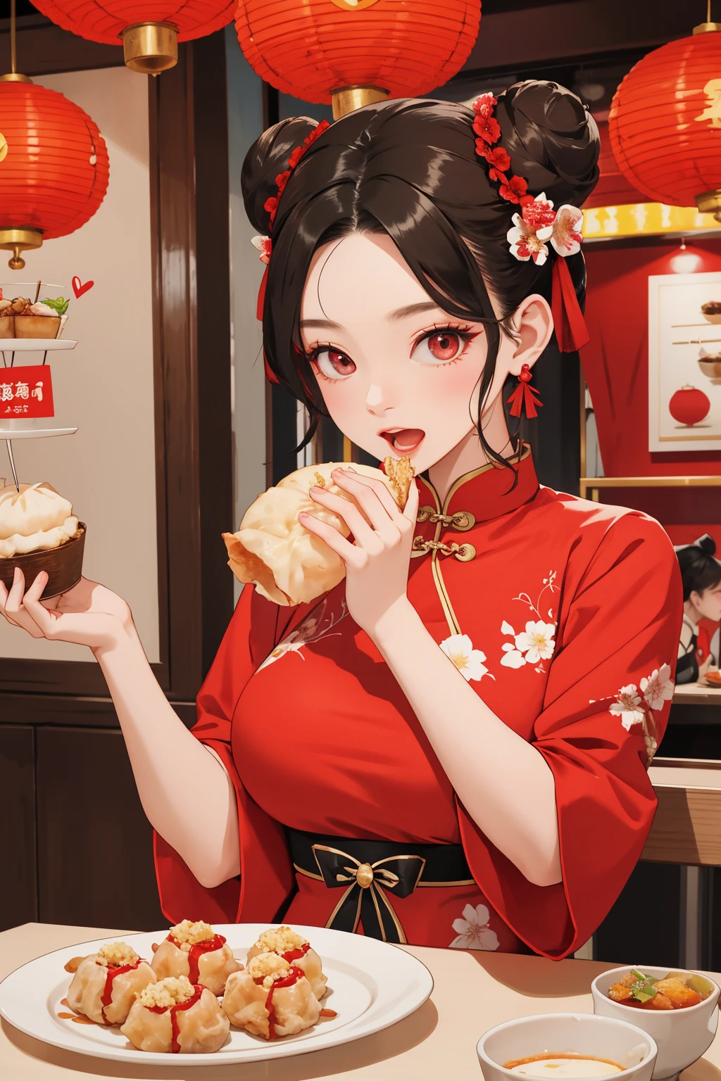 (holding food, dimsum), china dress, chinese clothes, double bun, back bow, black bow, bow, flower, pale skin, alive skin, hair between eyes, hair bun, hand to own mouth, hands up, lantern, open mouth, red dress, solo, (china cafe, cafe Theme), (large breasts)