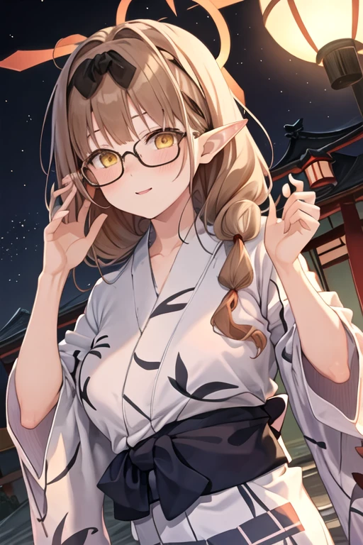 best quality, masterpiece, highres, solo, {yukata:1.40}, {kimono:1.20}, {chinatsu_bluearchive:1.15}, pointy_ears, long_hair, bangs, blush, halo, breasts, brown_hair, hairband, large_breasts, glasses, bow, yellow_eyes, brown_eyes