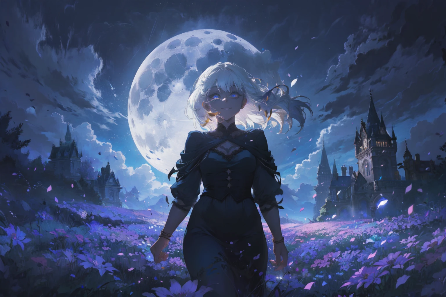 (masterpiece, best quality, official art, beautiful and aesthetic:1.2) BREAK 1girl, (colorful), (delicate eyes and face), solo, smile, intricate skirt, ((flying petal)), (Flowery meadow) sky, cloudy_sky, moonlight, moon, night, (dark theme:1.3), light, fantasy, windy, magic sparks, dark castle, white hair