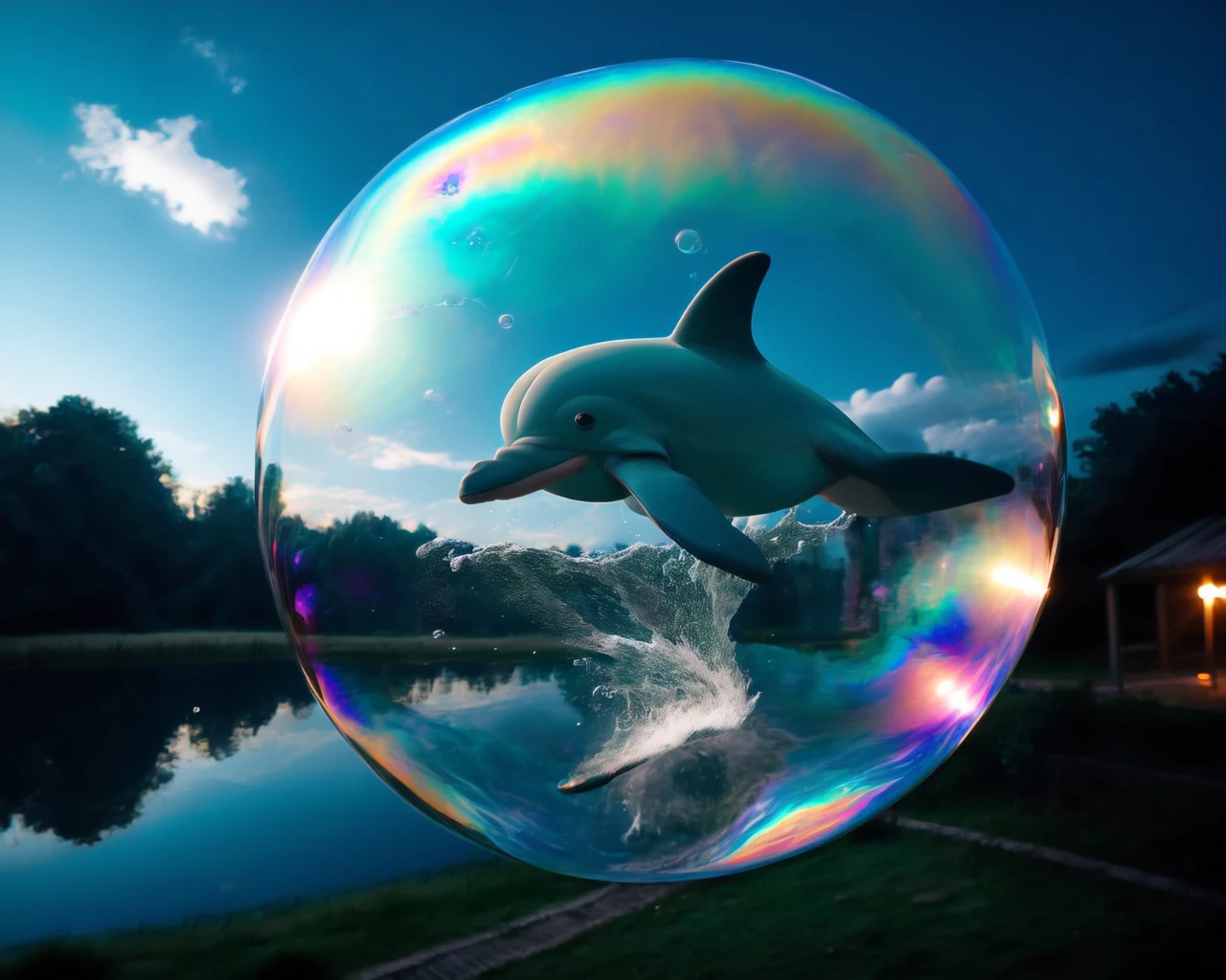 <lora:iridescent_bubble_v1:0.7>, night, bubble, sky, outdoors, rainbow, no_humans, dolphin, water