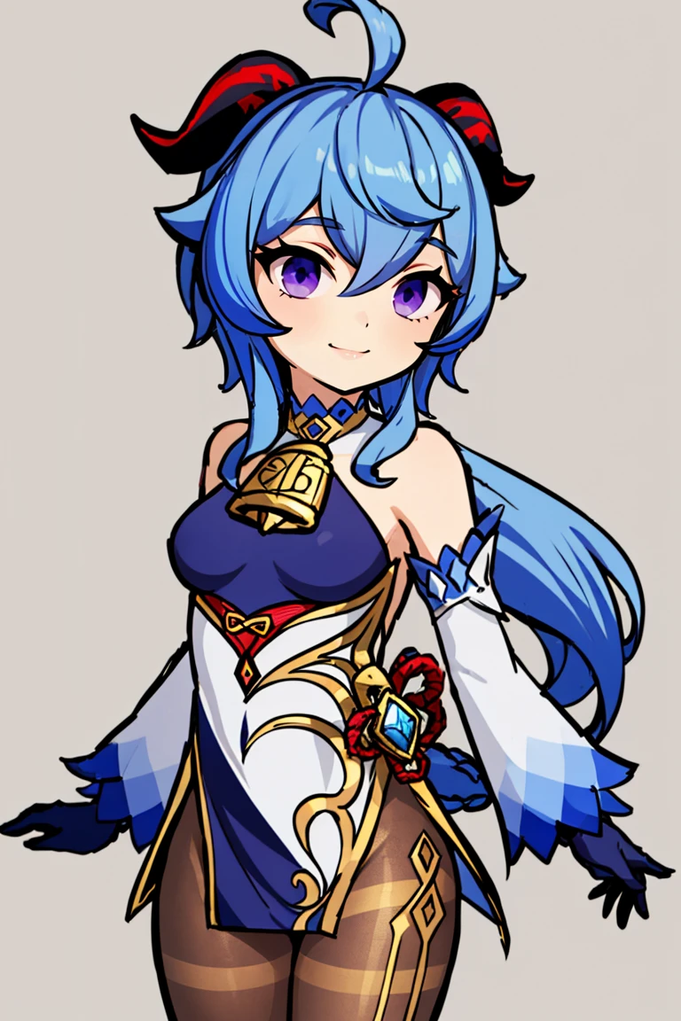 <lora:Style_of_the_Winds:0.8>, , ((masterpiece,best quality)), absurdres, <lora:ganyu_v1:0.7>, aaganyu, long hair, low ponytail, ahoge, horns, bare shoulders, neck bell, bodystocking, white dress, gold trim, flower knot, detached sleeves, black gloves, pelvic curtain, thighlet, pantyhose, cowboy shot, smile,