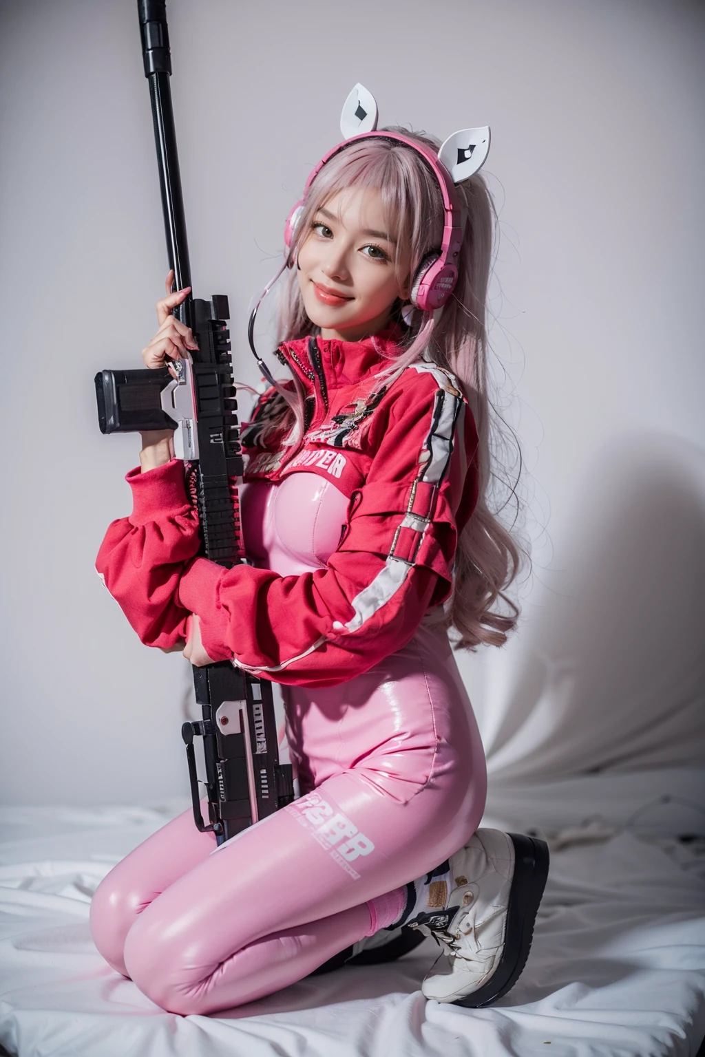 best quality, masterpiece, photorealistic, 1girl, solo, full body, looking at viewer, smile, alice cosplay costume, cosplay, pink hair, cropped jacket, animal ear headphones, bodysuit, skin tight, socks, holding rifle, simple background, <lora:nikke_alice_cosplay_v1:0.65>