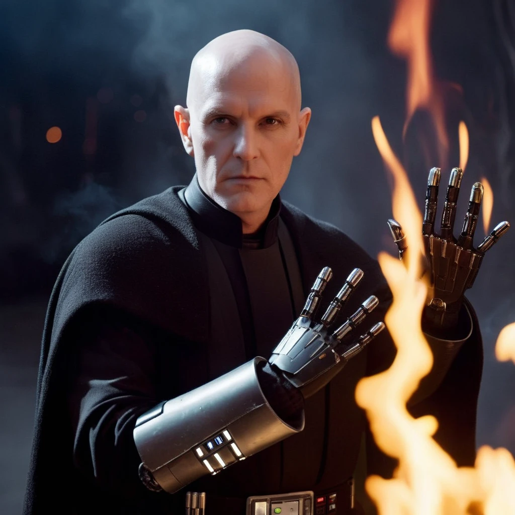 cinematic film still of <lora:Darth Vader:1.5>
r a bald white face man with shiny eyes and a robotic prosthetic perfect sci fi hands in a black costume with fire and smoke in the backgroun in star wars universe, shallow depth of field, vignette, highly detailed, high budget, bokeh, cinemascope, moody, epic, gorgeous, film grain, grainy