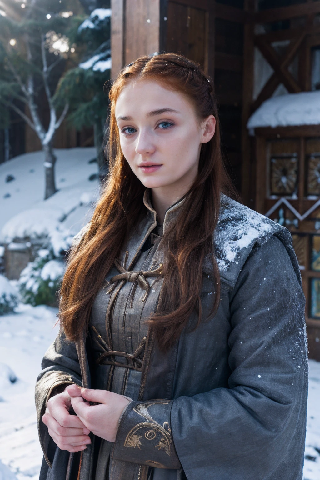 sophieturner,a woman wearing traditional dress, (snowy landscape:0.8), (god rays:0.5) <lora:sophieturner:0.9>