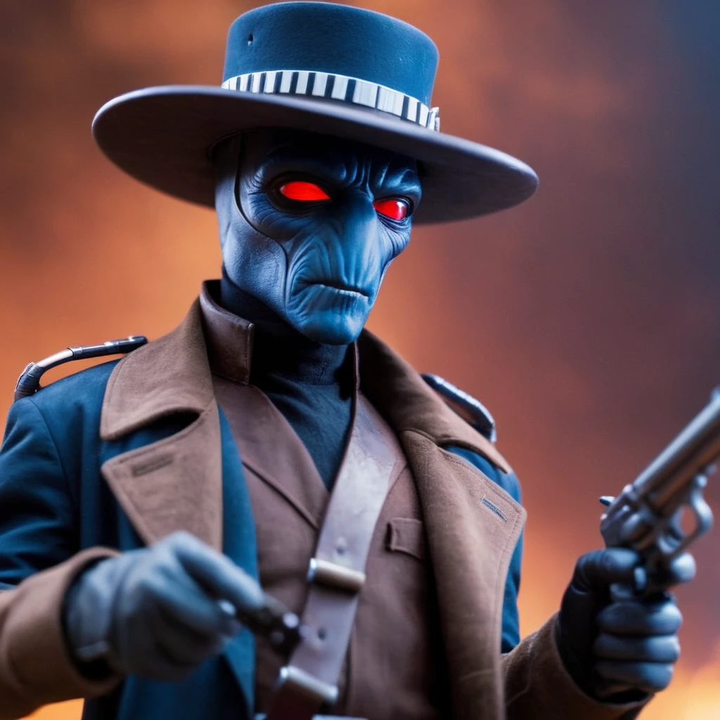 cinematic film still of <lora:Cad Bane:1.2>
Cad Bane a blue skin big red eyes western man in a hat and trench coat with a gun belt with bullets In star wars universe, shallow depth of field, vignette, highly detailed, high budget, bokeh, cinemascope, moody, epic, gorgeous, film grain, grainy