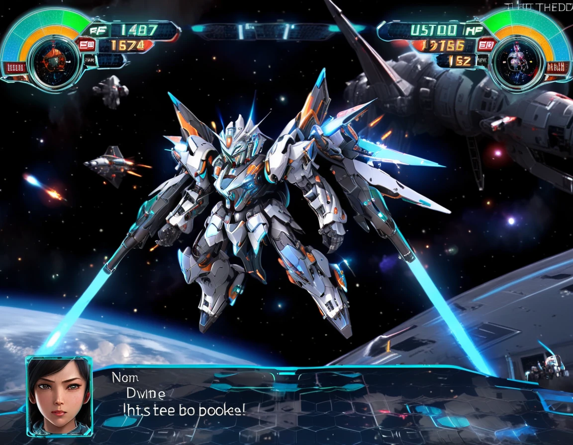 solo,"0599", high quality, A strategic space combat scene within a mecha game interface, now featuring the whimsical Robot Girl in place of the traditional mecha. The playful yet determined expression of Robot Girl's animated avatar replaces the pilot's portrait. Her character, rendered with vivid detail and glowing accents on the game's HUD, stands ready for action, with high HP and energy levels underscoring her resilience. The backdrop of the serene expanse of space sets the stage for the impending futuristic battle, highlighting the contrast between whimsy and the serious nature of high-tech combat, <lora:rw4:0.7> ,<lora:Arcana_XL:0.65>, arcana