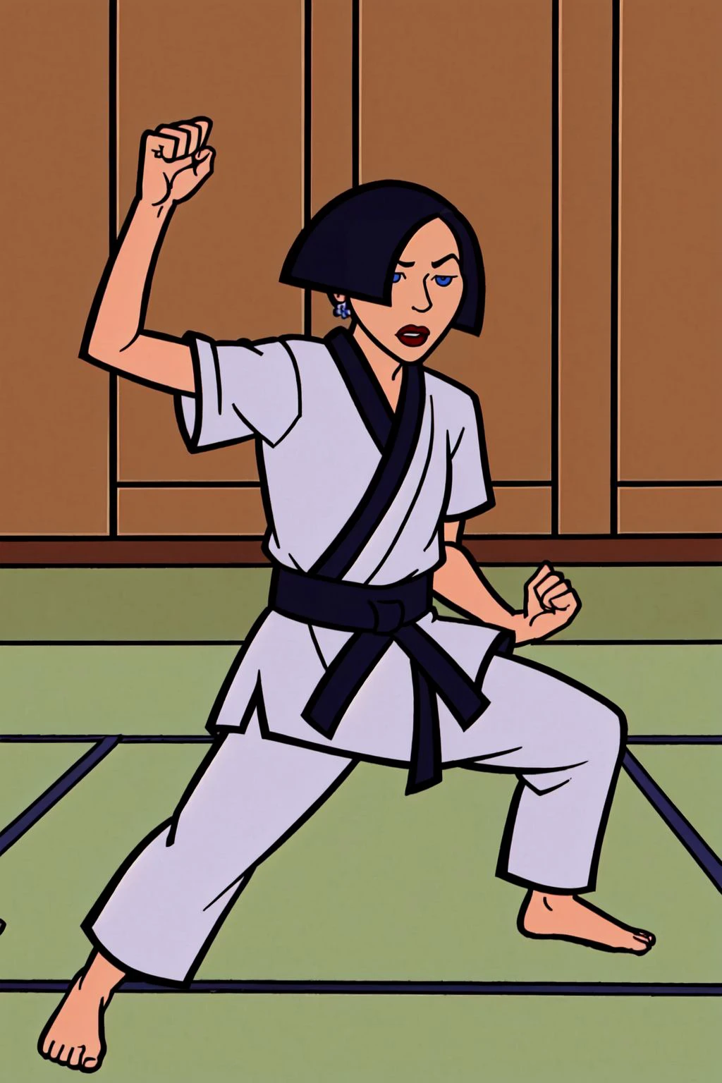 (intricately detailed, best quality:1.2), <lora:j4n3l4n3-16:0.7> j4n3l4n3, black hair, bob haircut, hair over one eye, blue eyes, red lips, earrings, slender, karate gi, striking a fighting pose, (kiai:1.3), full body, martial arts dojo