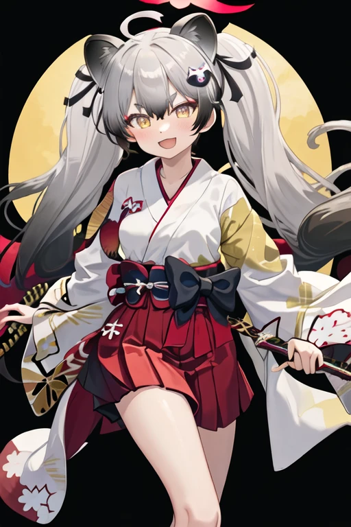 best quality, masterpiece, highres, solo, {white kimono:1.35}, {red hakama:1.35}, {wide sleeves:1.20}, {michiru_bluearchive:1.15}, animal_ears, grey_hair, twintails, halo, long_hair, hair_ornament, hair_between_eyes, yellow_eyes, open_mouth, bangs, blush, ahoge, smile, multicolored_hair