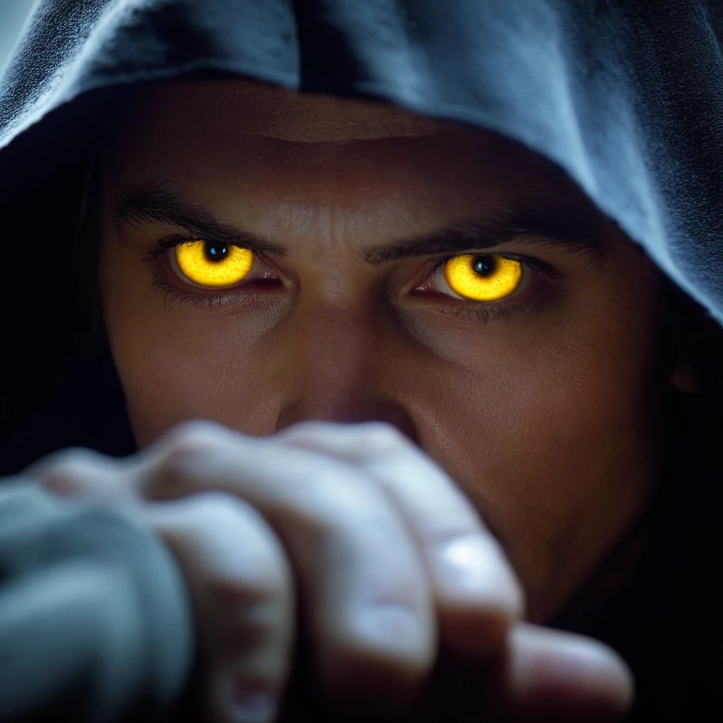 cinematic film still of <lora:Anakin Skywalker:1.2>
Anakin Skywalker a closeup of a man with a creepy yellow golden iris eye and a hood over his head in star wars universe, shallow depth of field, vignette, highly detailed, high budget, bokeh, cinemascope, moody, epic, gorgeous, film grain, grainy