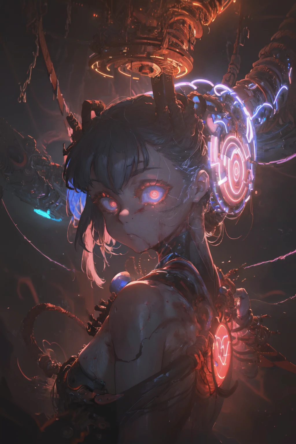 (masterpiece, top quality, best quality, official art, beautiful and aesthetic:1.2), 1girl, glowing eyes, facing camera, neon details, mechanical limbs,blood vessels connected to tubes,mechanical cervical attaching to neck,wires and cables connecting to head,blood,from side