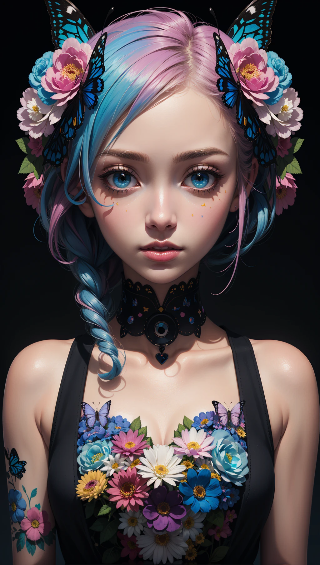 (masterpiece:1.1),(highest quality:1.1),(HDR:1),ambient light,ultra-high quality,( ultra detailed original illustration),(1girl, upper body),((harajuku fashion)),((flowers with human eyes, flower eyes)),double exposure,fusion of fluid abstract art,glitch,(original illustration composition),(fusion of limited color, maximalism artstyle, geometric artstyle, butterflies, junk art),