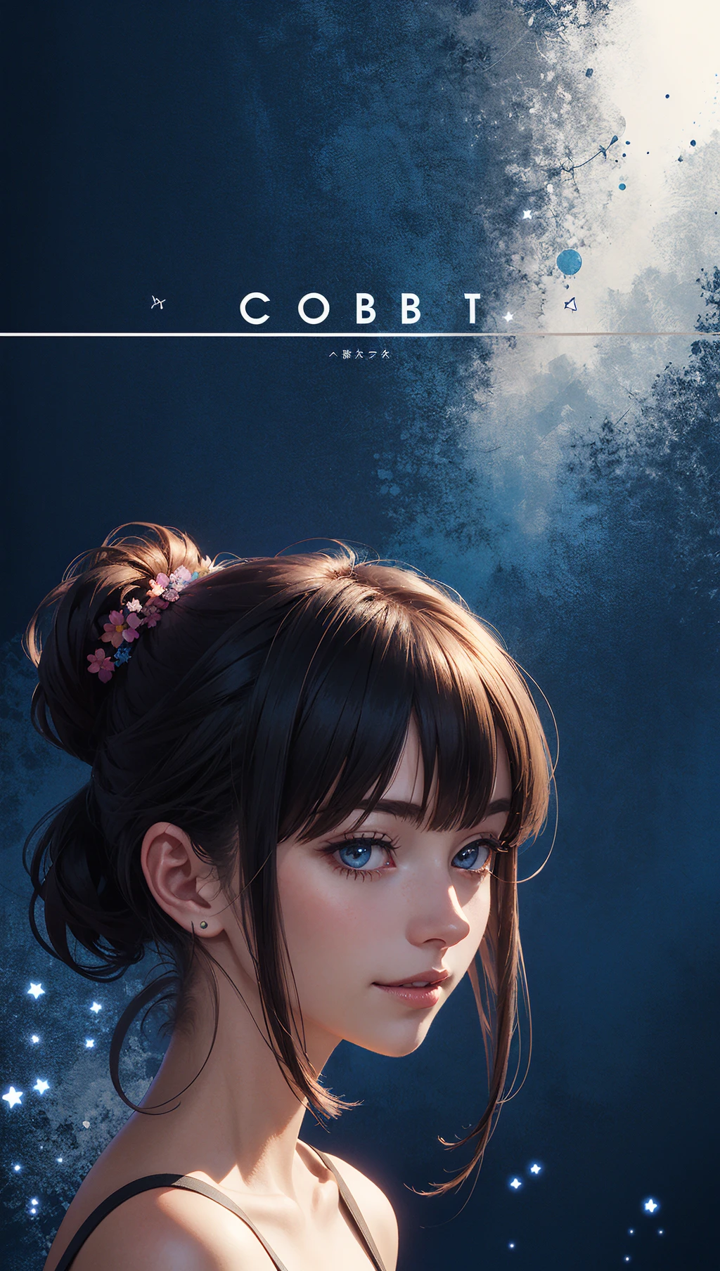 anime opening,(1girl),solo,a dreamscape aesthetic in Cobalt blue theme atmosphere,mosaic background,happy,floral,(wallpaper style),movie trailer,cinematic,screencap,still shot,true perception,comfortable,