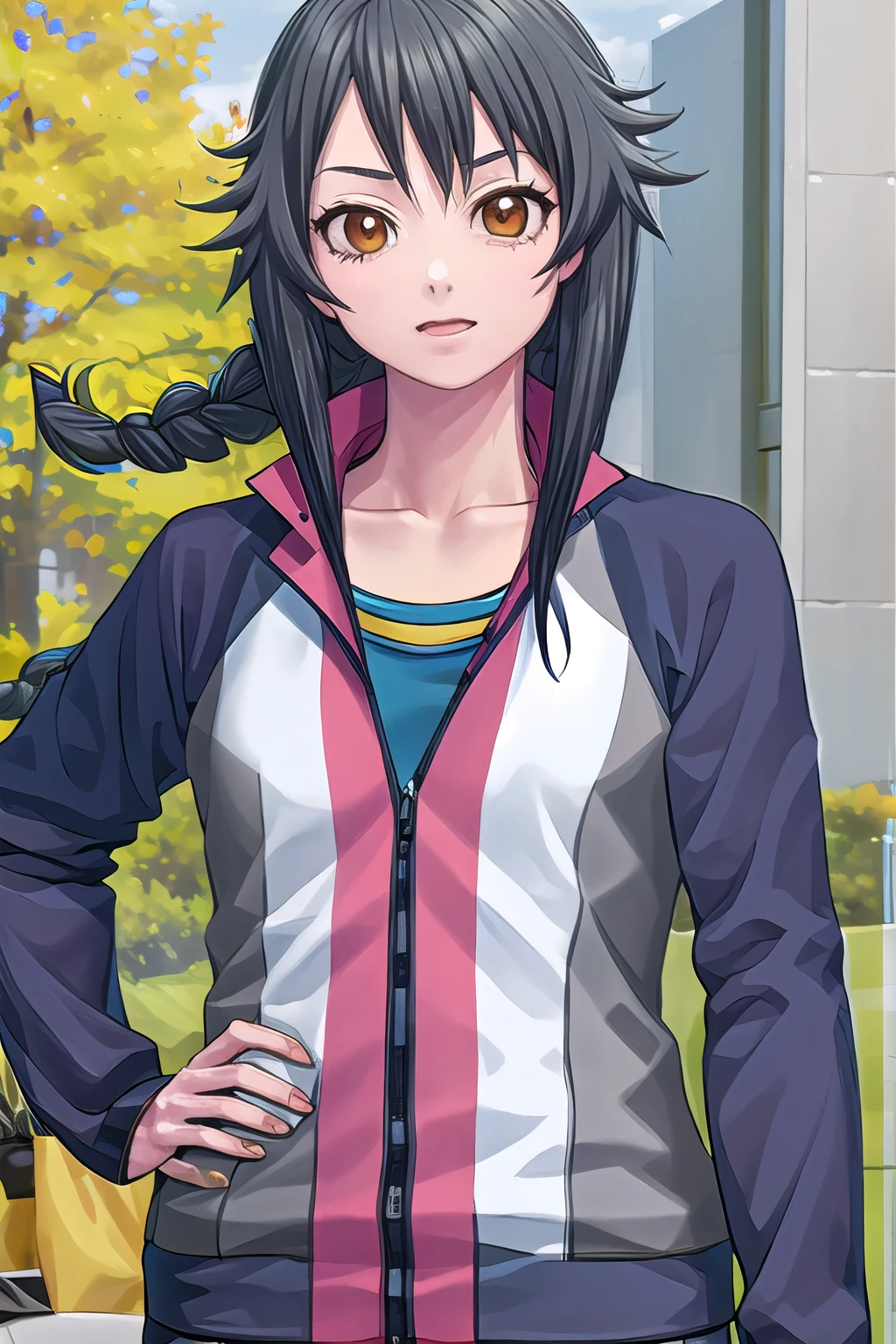 masterpiece, best quality, ultra-high-detailed, 1girl, Chiemi Serizawa, black hair, blunt bangs, braided hair, brown eyes, yellow shirt, tracksuit, outdoors