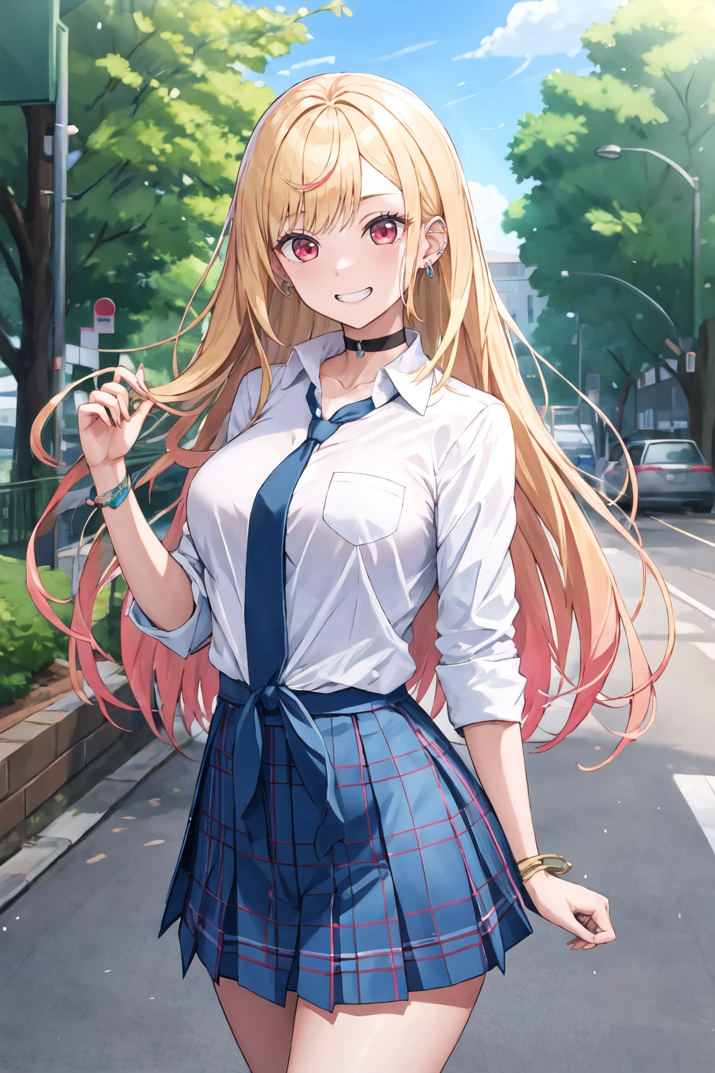 masterpiece, best quality, highres, kitagawa marin, 1girl, blonde hair, long hair, multicolored hair, red eyes, jewelry, earrings, piercing, school uniform, white shirt, tied shirt, black choker, blue necktie, plaid skirt, <lora:kitagawa_marin_v1-1:0.7>, grin, smile, standing, cowboy shot, outdoors,<lora:Bropmlk-Style-v1-000045:1>
