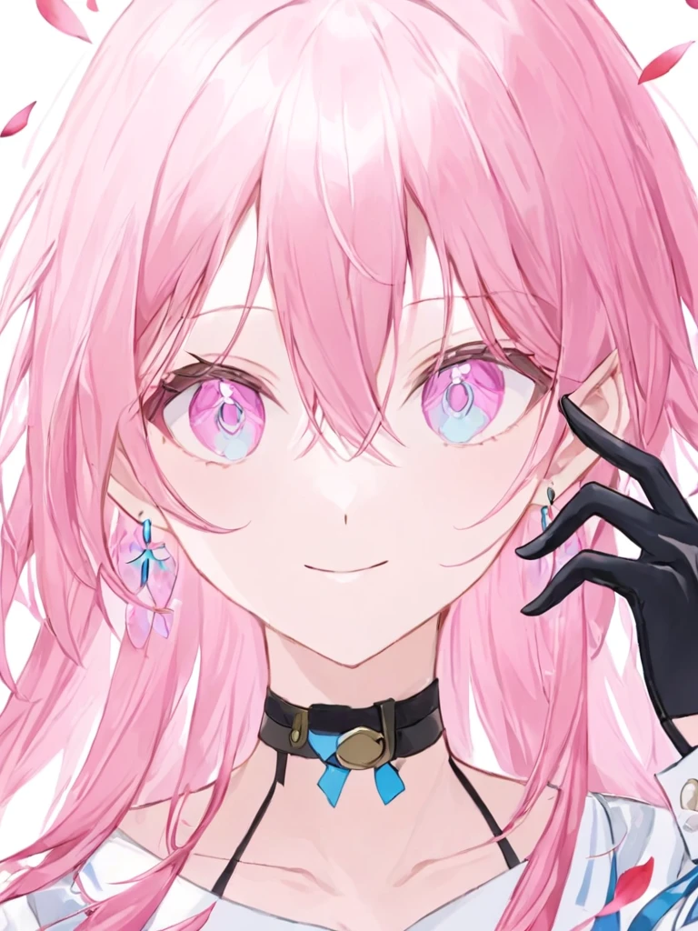 1girl,smile,solo,gloves,pink_hair,looking_at_viewer,closed_mouth,bangs,black_gloves,long_hair,earrings,white_shirt,shirt,jacket,choker,hair_between_eyes,single_glove,petals,black_choker,white_background,upper_body,<lora:sanyueqi_xl:0.7>,pink eyes,blue eyes,