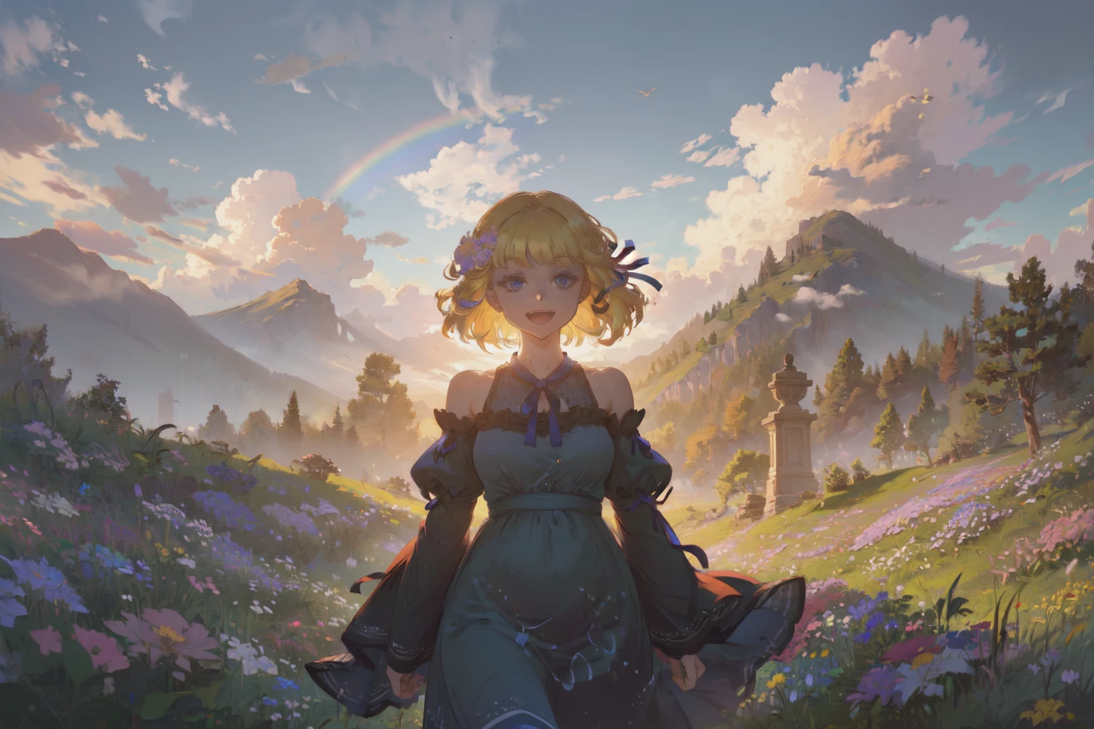 (masterpiece, best quality, official art, beautiful and aesthetic:1.2) BREAK intense shadows, cumulonimbus cloud, birds, rainbow, 1girl, blonde hair, short hair, wavy hair, (hair ribbon, blue ribbon:1.2), detached sleeves, blue dress, (portrait:1.2), :d, flowing hair, scenery, mountains, colorful grass fields, (flowers:1.2), floating leaves, (wind:1.2), obelisk
