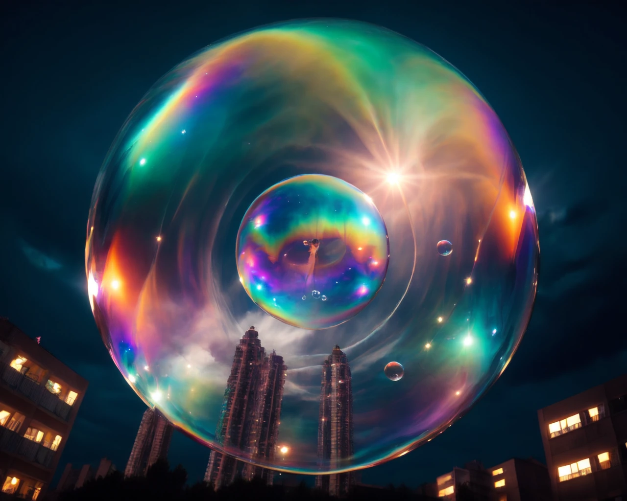 <lora:iridescent_bubble_v1:0.7>, night, bubble, sky, outdoors, rainbow, no_humans, building