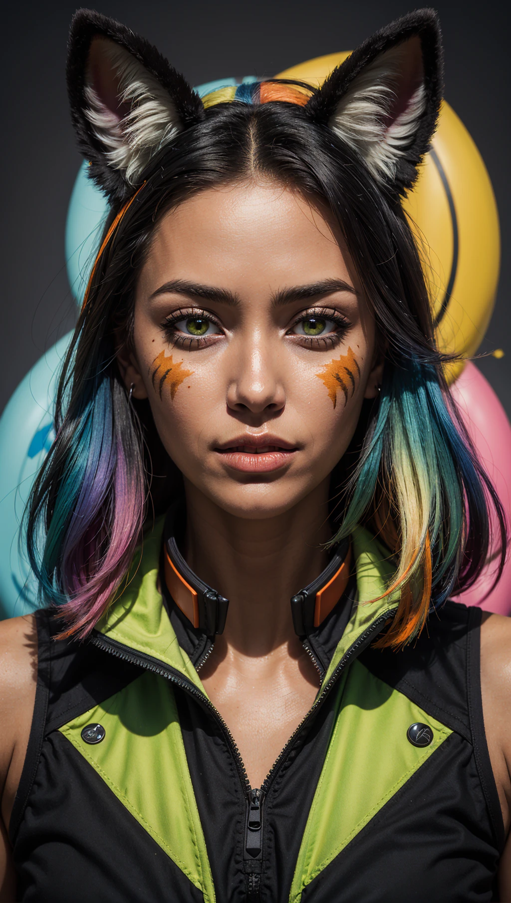 (masterpiece:1.1),(highest quality:1.1),(HDR:1),extreme quality,cg,(negative space),detailed face+eyes,1girl,fox ears,animal ear fluff,(plants:1.18),(fractal art),(bright colors),splashes of color background,colors mashing,paint splatter,complimentary colors,neon,(thunder tiger),compassionate,electric,limited palette,synthwave,fine art,tan skin,upper body,(green and orange:1.2),time stop,