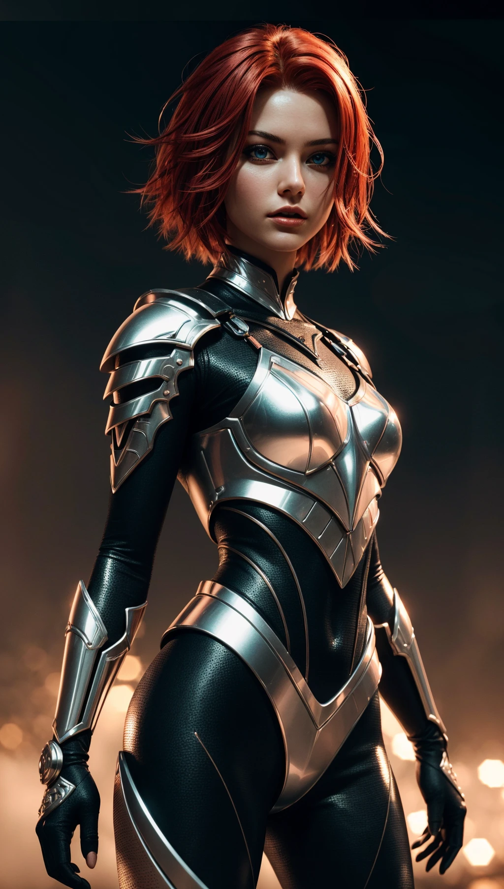 modelshoot style,(extremely detailed 8k wallpaper),a photo of a 1girl,a real perfect female anatomy of red_hair,ultra short_hair,light high ornamented armour,hyper details,volumetric lighting,cinematic lights,photo bashing,epic cinematic,octane render,extremely high detail,post processing,8K wallpaper,Film Grain,denoise,redshift style,photoshoot,Intricate,High Detail,dramatic,