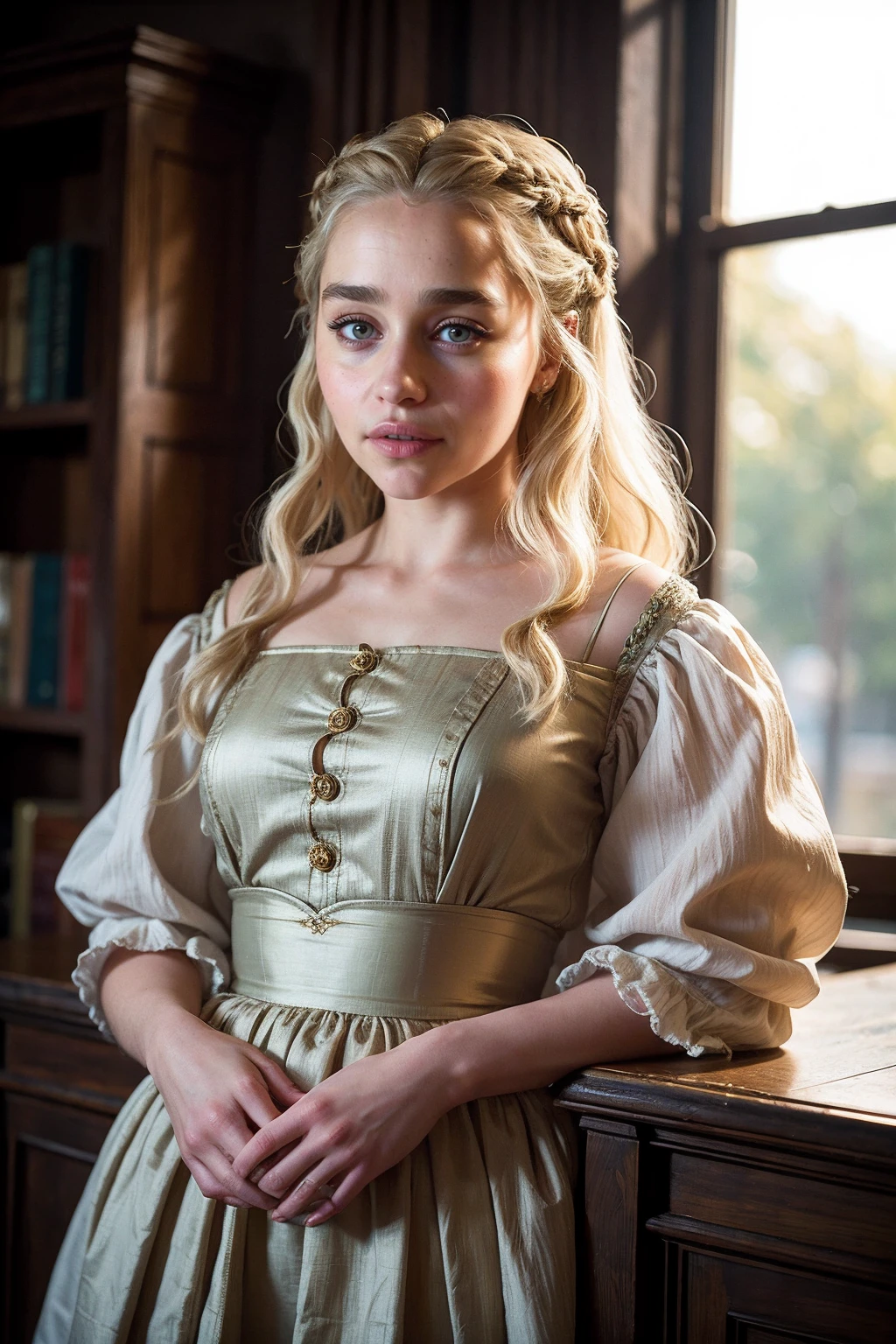 A young Victorian girl, em torno de 23 anos, muito bonita, the hair is very blonde the color of wheat, um olhar um tanto triste, wears gray clothes and closed around the neck. It's in a library in an English mansion.