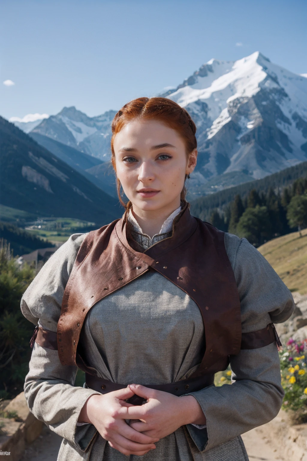sophieturner,a woman wearing traditional dress, (mountains:0.8), (fill lighting:0.5) <lora:sophieturner:0.9>