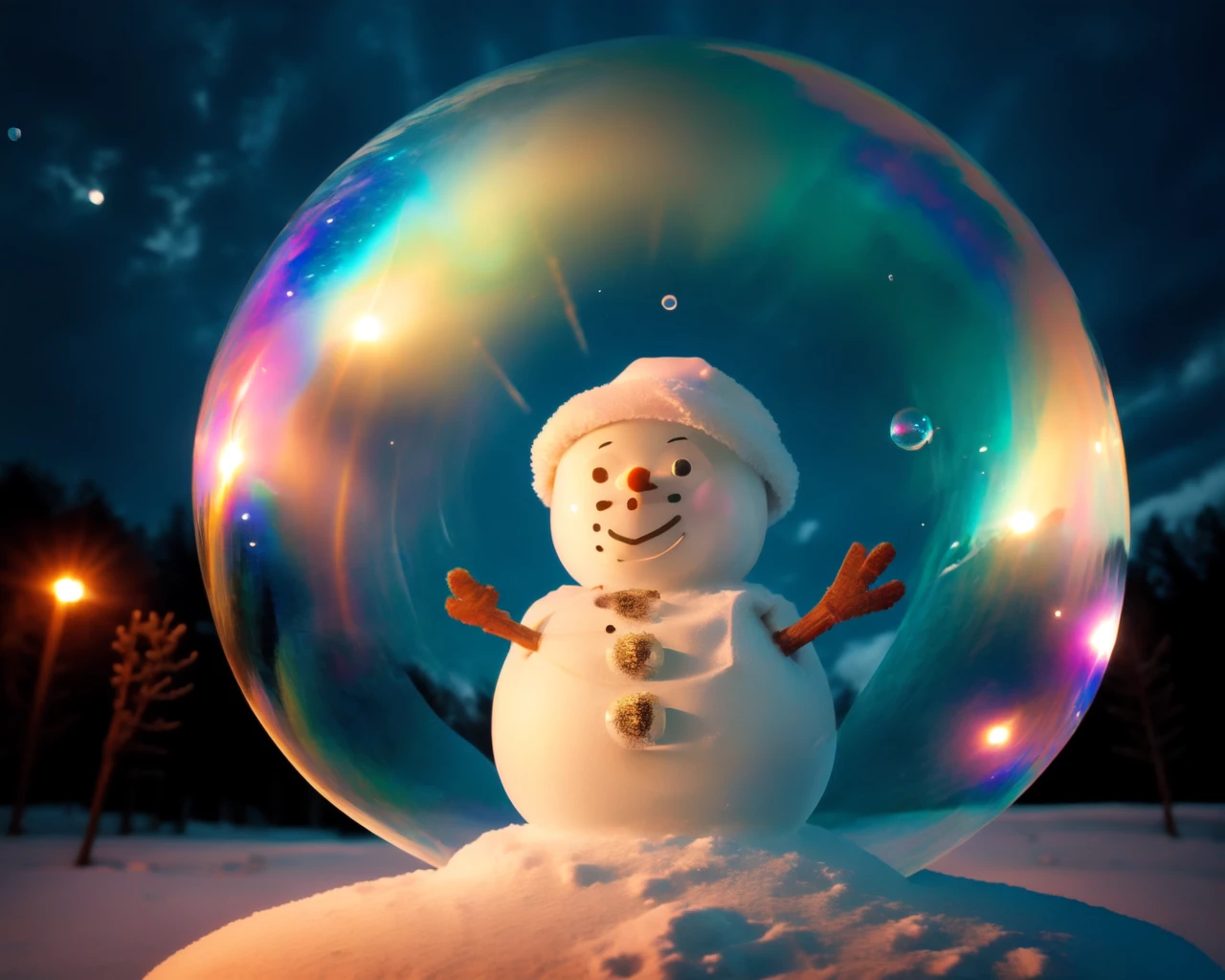 <lora:iridescent_bubble_v1:0.7>, night, bubble, sky, outdoors, rainbow, no_humans, snowman