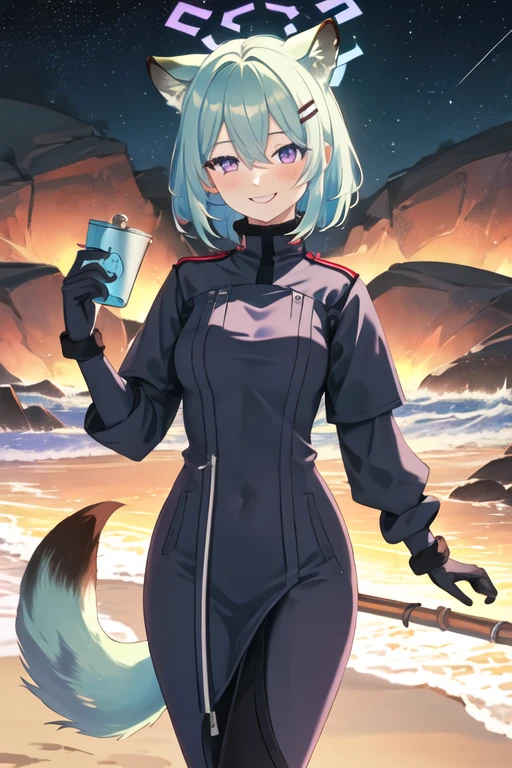 best quality, masterpiece, highres, solo, {night:1.10}, {starry sky:1.10}, beach, beautiful detailed sky, {extremely detailed background:1.20}, {shigure_bluearchive:1.15}, {standing:1.10}, looking at viewer, {bikini:1.30}, animal_ears, halo, bangs, blush, smile, light_green_hair, short_hair, hair_between_eyes, breasts, weasel_ears, open_mouth, hair_ornament, purple_eyes, light smile