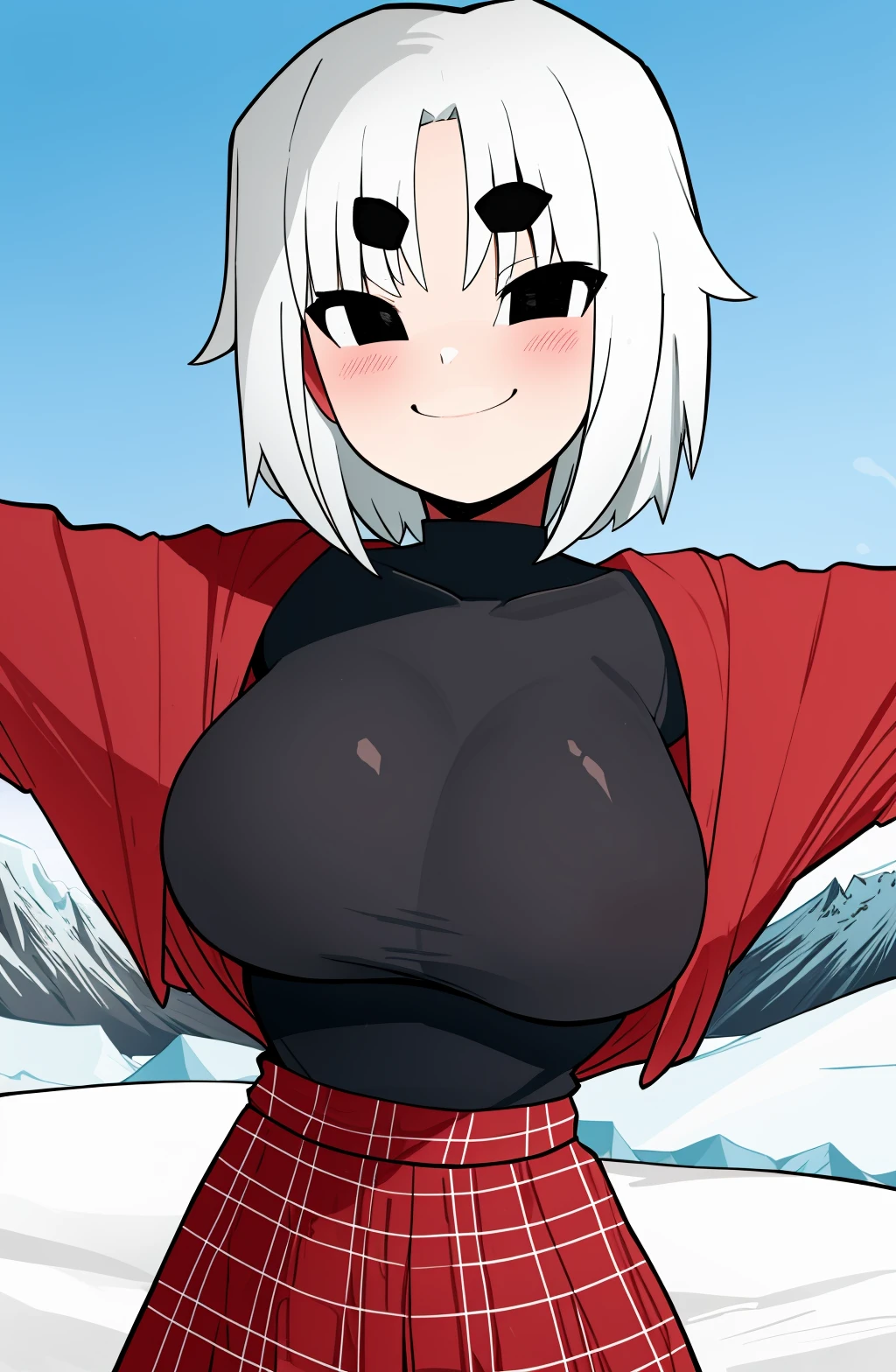 1girl, solo, round eyebrows, blush, smile, looking at viewer, black eyes, white hair, short hair, flat head, huge sagging breasts, Flannel Shirt , background: outdoors, Majestic glacier field , <lora:ryuwan | ryuwanshoy - Style LoRA - V2:1>