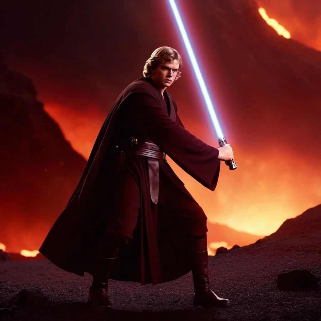 cinematic film still of <lora:Anakin Skywalker:1.2>
Anakin Skywalker a man with a light saber in a volcanic lava planet in star wars universe, shallow depth of field, vignette, highly detailed, high budget, bokeh, cinemascope, moody, epic, gorgeous, film grain, grainy