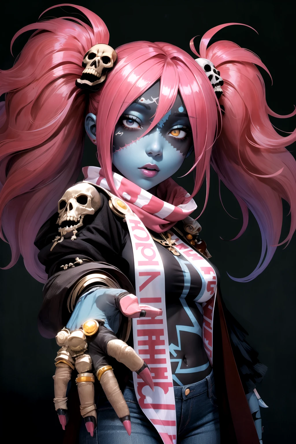 <lora:LadyZozo-05:1> ladyzozo, blue_skin, scarf, white_panties, staff, pink_hair, twintails, cloak, skull_hair_ornament, yellow_eyes, hair_over_one_eye, beautiful, (masterpiece:1.2), (best quality:1.2), perfect eyes, perfect face,<lora:perfectfingers:1.0>