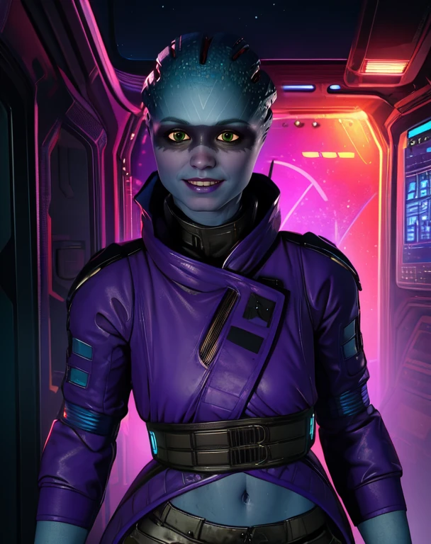 Peebee,blue skin,green eyes,facial mark,smiling,
upper body,cleavage,
purple jacket,midriff,belt,
standing,upper body,leaning forward,
space pod,neon lights,
(insanely detailed, beautiful detailed face, masterpiece, best quality),solo,<lora:Peebee-10MEA:0.8>,