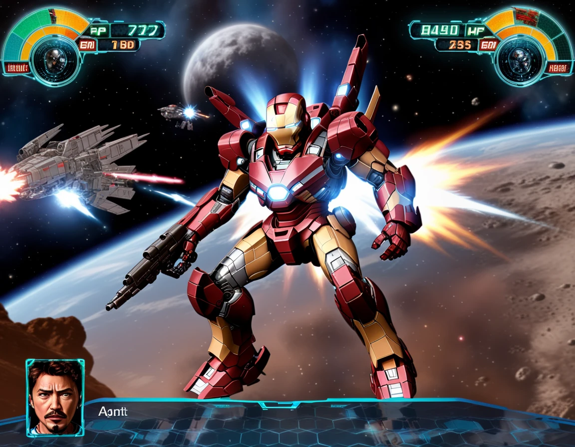"0599",high quality,A strategic space combat scene in a mecha game interface, showcasing the iconic Iron Man in place of the traditional mecha. Tony Stark's confident and intelligent visage replaces the pilot's portrait, The Iron Man suit, detailed and glowing in the game's HUD, is poised for action, with high HP and energy levels emphasizing its power the tranquil expansion of space contrasts with the imminent high-tech warfare, <lora:rw4:0.67>